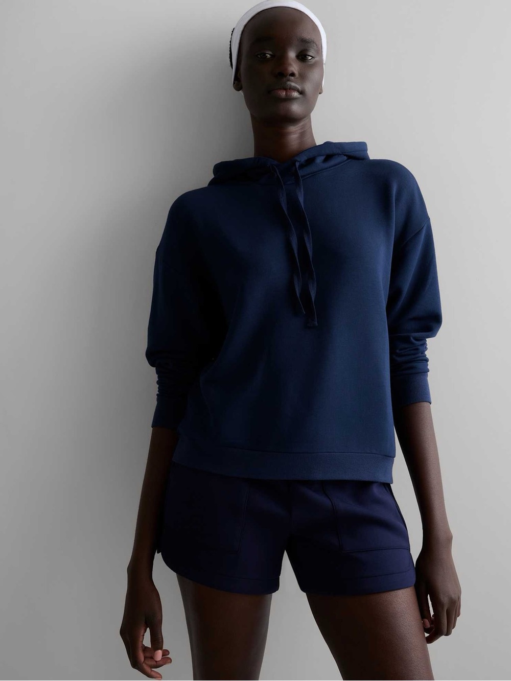 Quince Womens M Supersoft Fleece Pullover Hoodie Navy Blue Loungewear Drawstring
